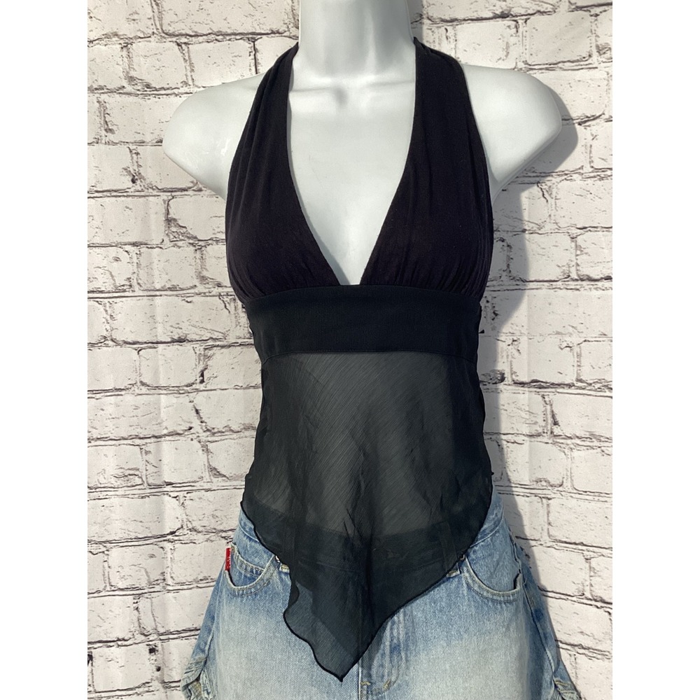 Vintage Black Halter Top Sheer Mesh Handkerchief Hem V-Neck Y2K Style Size S